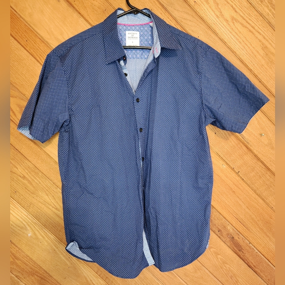 Society of Threads blue polka dot comfort stretch slim fit large mens shirt